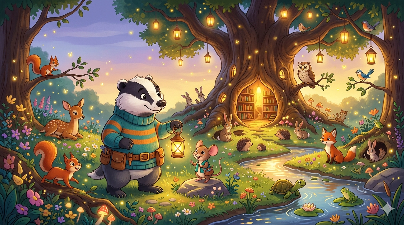 Woodland friends gather by the glowing storybook tree