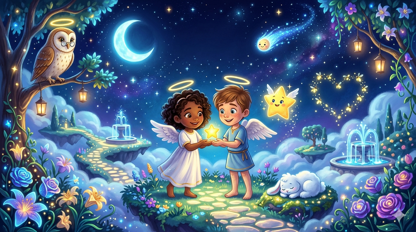 Two little angels share a glowing wishing-star