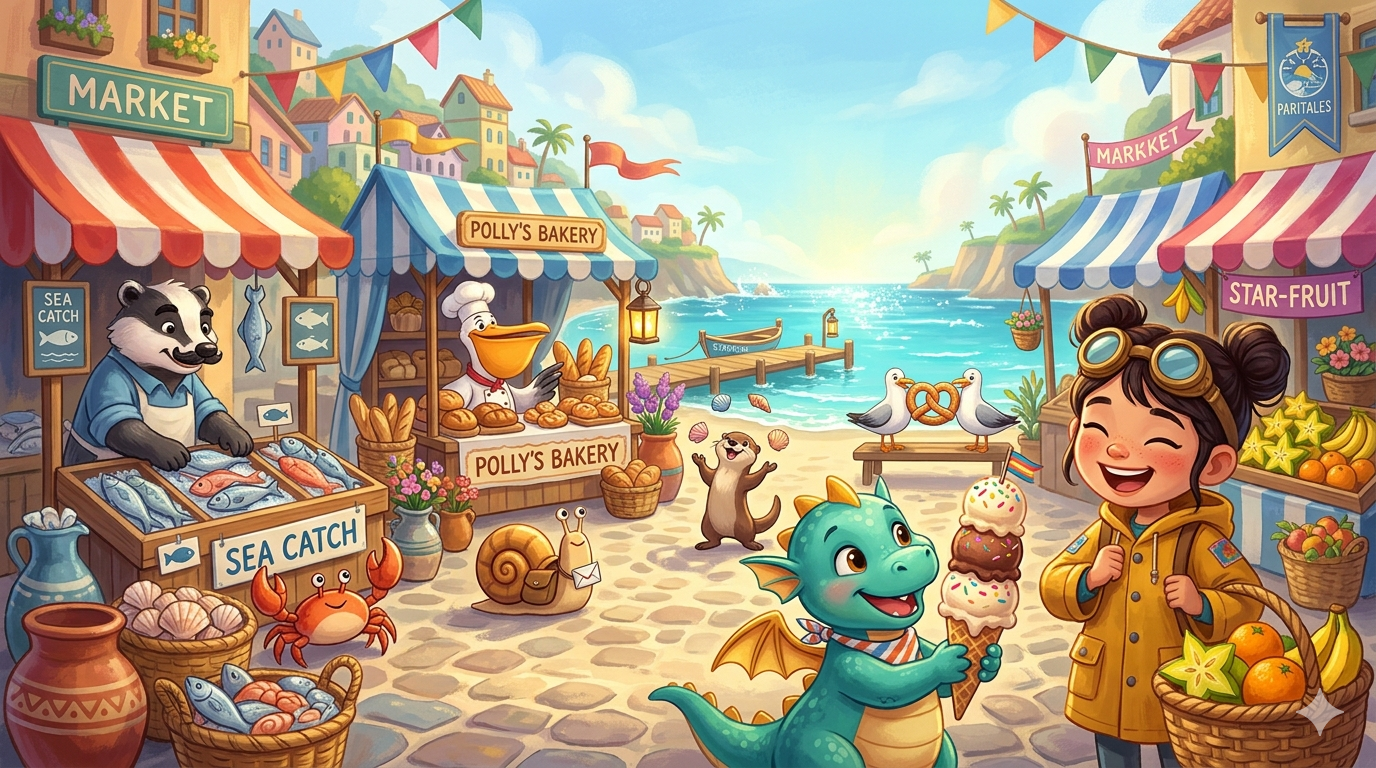 Friends enjoy treats at a sunny seaside market
