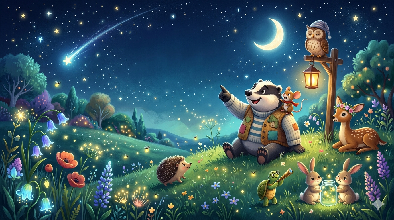 Friends watch a shooting star over a starlit meadow