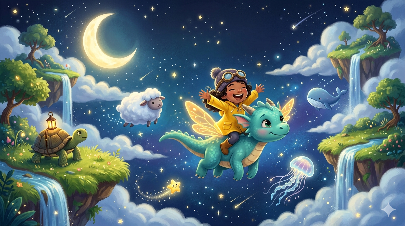 A baby dragon flies through starlit sky islands