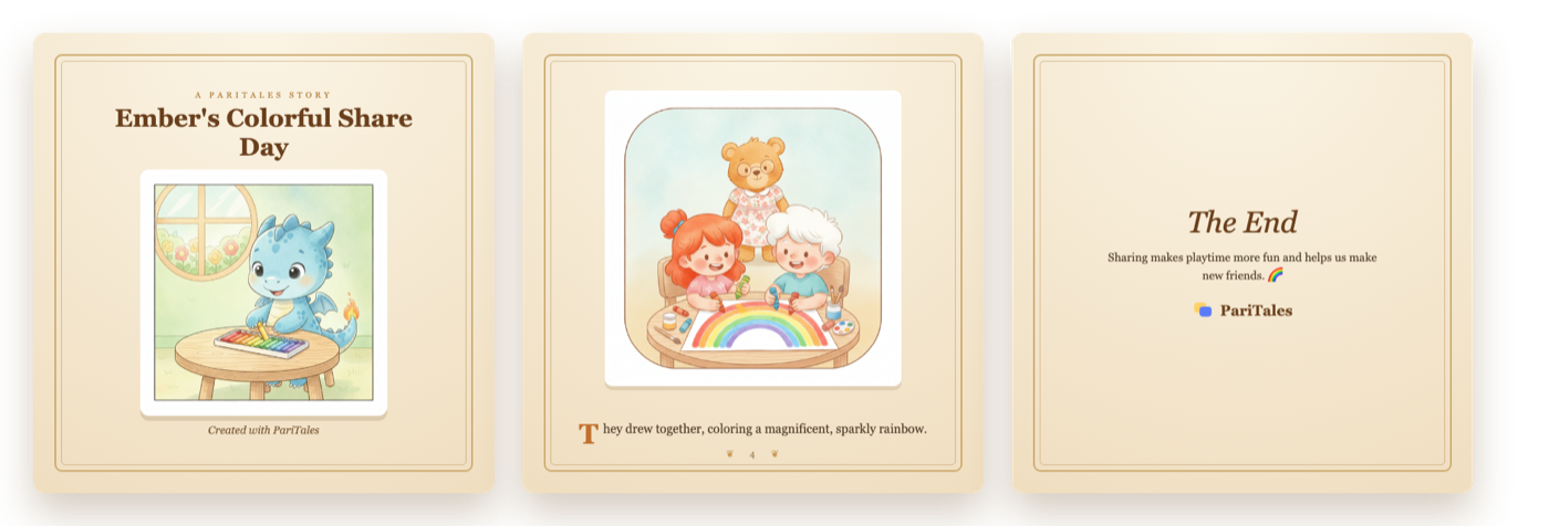 A sample PariTales storybook PDF — cover, a story page, and the ending